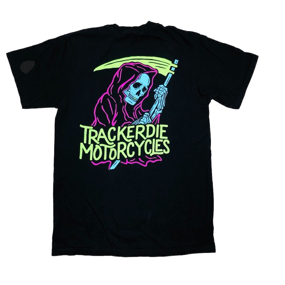 Trackerdie Motorcycles T Shirt  Men's M‎ Black Double Sided Neon Logo